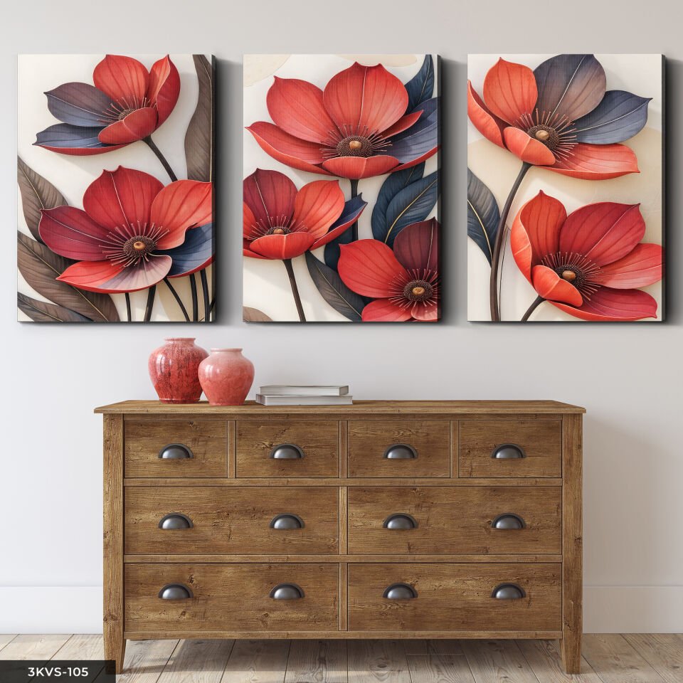 Kırmızı Çiçekler 3 Parça Kanvas - Canvas Tablo 40 x 30 CM