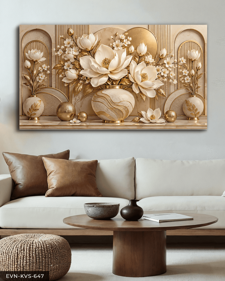 Gold Daireler ve Dokulu Beyaz Çiçekler Tek Parça Kanvas - Canvas Tablo