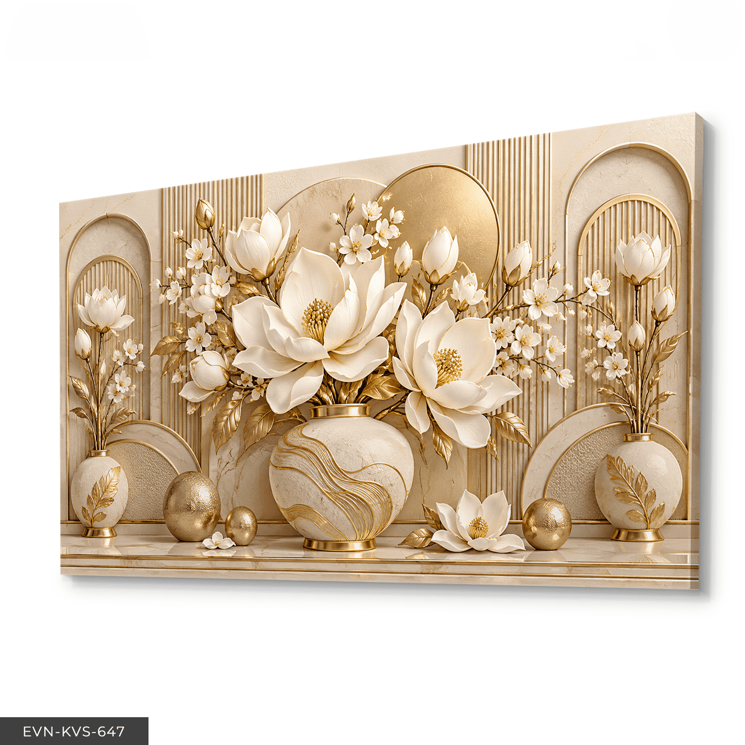 Gold Daireler ve Dokulu Beyaz Çiçekler Tek Parça Kanvas - Canvas Tablo