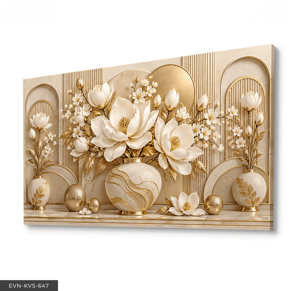 Gold Daireler ve Dokulu Beyaz Çiçekler Tek Parça Kanvas - Canvas Tablo