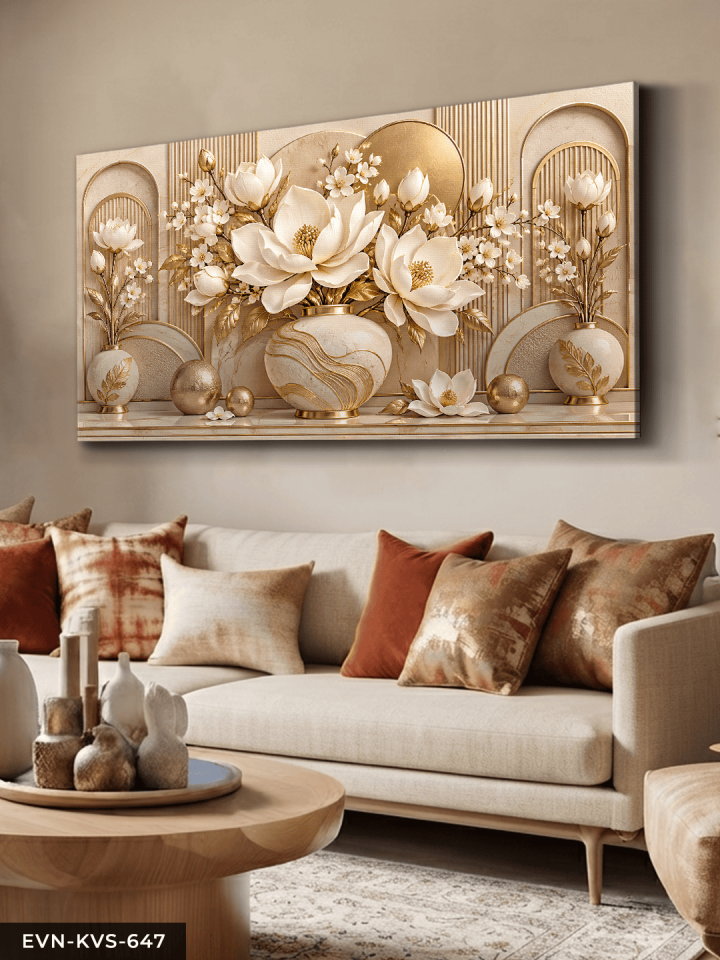 Gold Daireler ve Dokulu Beyaz Çiçekler Tek Parça Kanvas - Canvas Tablo