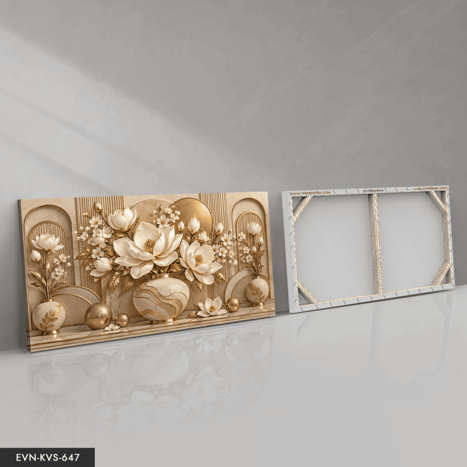 Gold Daireler ve Dokulu Beyaz Çiçekler Tek Parça Kanvas - Canvas Tablo
