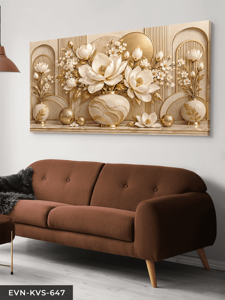 Gold Daireler ve Dokulu Beyaz Çiçekler Tek Parça Kanvas - Canvas Tablo