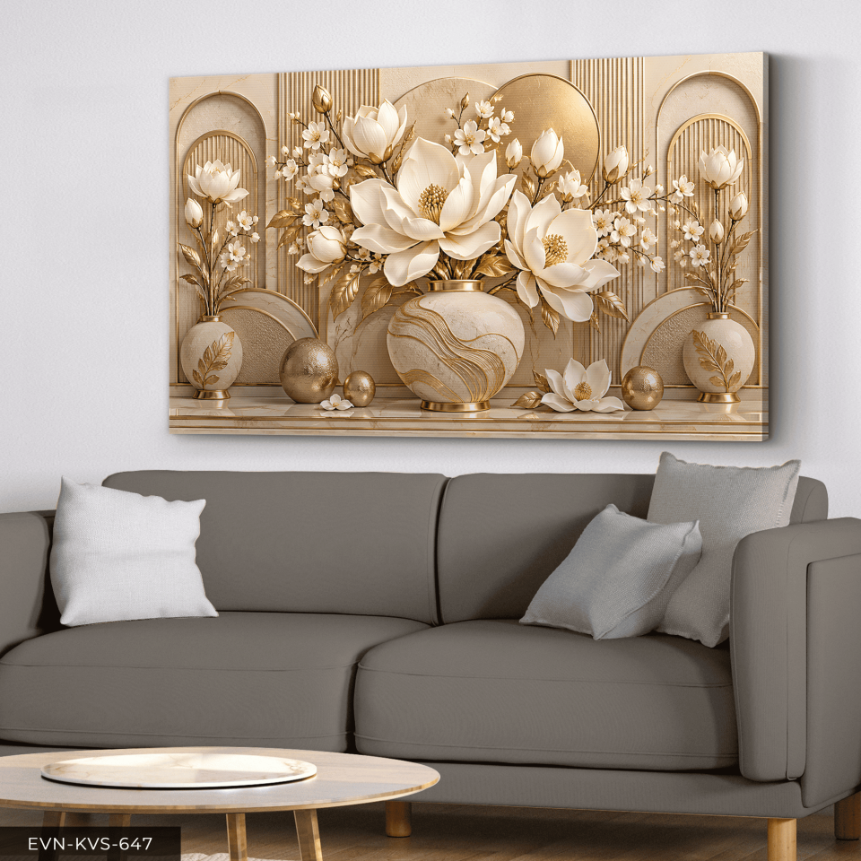 Gold Daireler ve Dokulu Beyaz Çiçekler Tek Parça Kanvas - Canvas Tablo