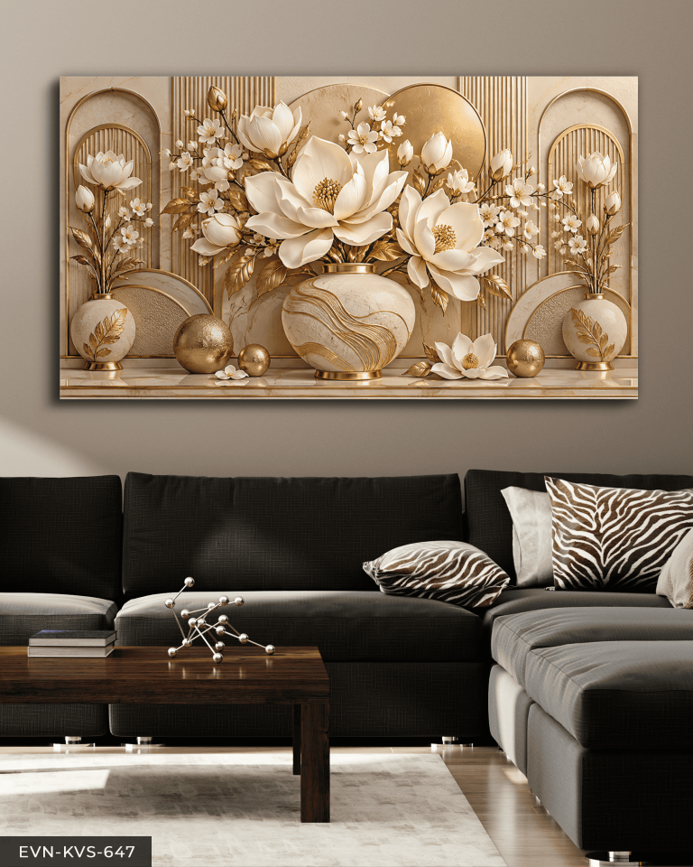 Gold Daireler ve Dokulu Beyaz Çiçekler Tek Parça Kanvas - Canvas Tablo