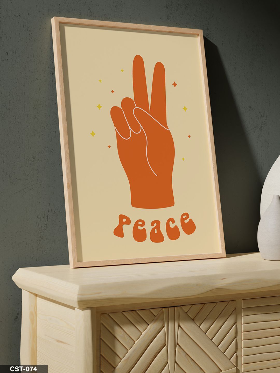 Barış İşareti El illüstrasyon Tek Parça Ahşap Çerçeveli Tablo Naturel - 20 x 30 CM