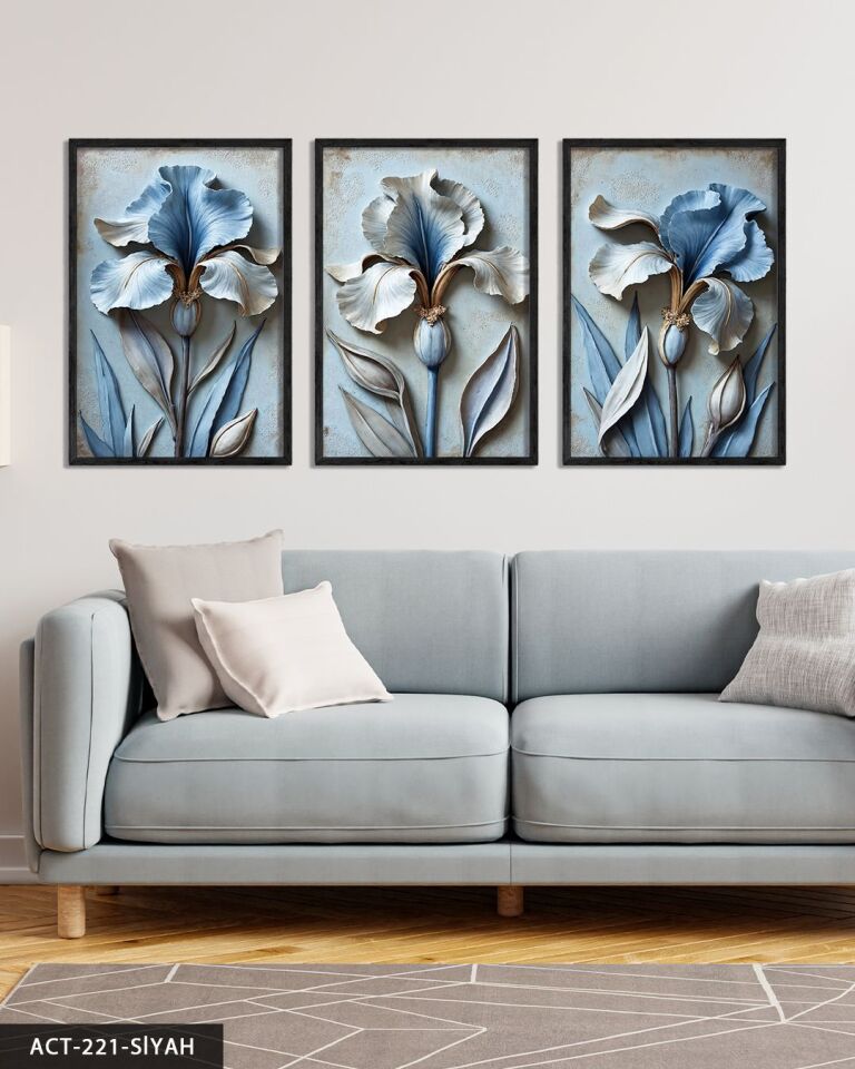 Dokulu Görünümlü Mavi Çiçek 3 Parça Ahşap Çerçeveli Tablo ACT Siyah - 50 x 70 CM