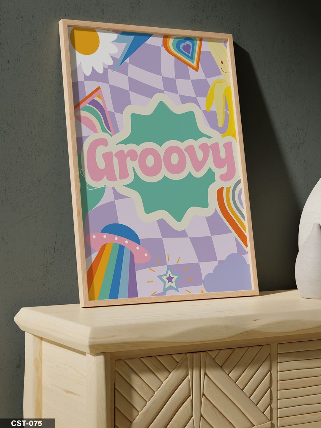 Groovy Yazılı Retro Renkli Tek Parça Ahşap Çerçeveli Tablo Naturel - 20 x 30 CM