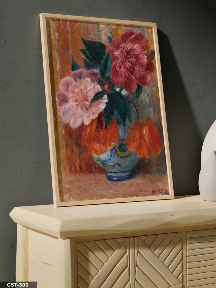 Pierre Auguste Renoir Peynir ve Çiçekler Tek Parça Ahşap Çerçeveli Tablo Naturel - 50 x 70 CM