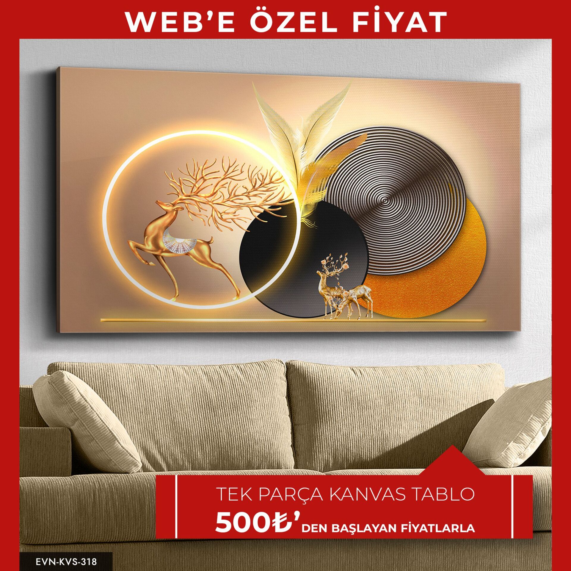 Gold Geyik Yuvarlak Desenler Tek Parça Işıksız Kanvas - Canvas Tablo | WEB'E ÖZEL FİYAT