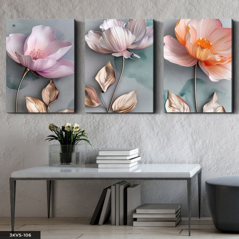 Gold Yapraklı Renkli Çiçekler 3 Parça Kanvas - Canvas Tablo 40 x 30 CM