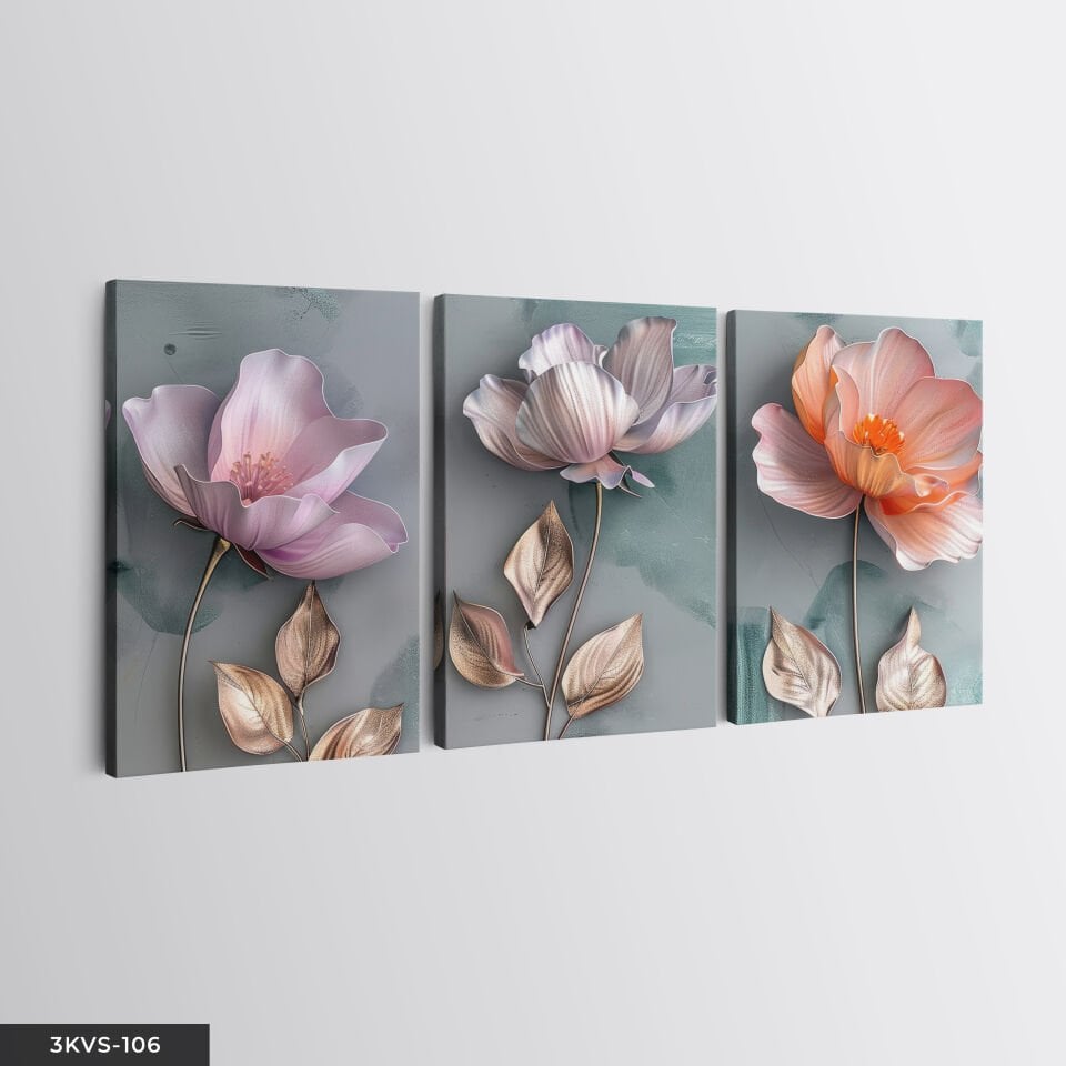 Gold Yapraklı Renkli Çiçekler 3 Parça Kanvas - Canvas Tablo 45 x 65 CM