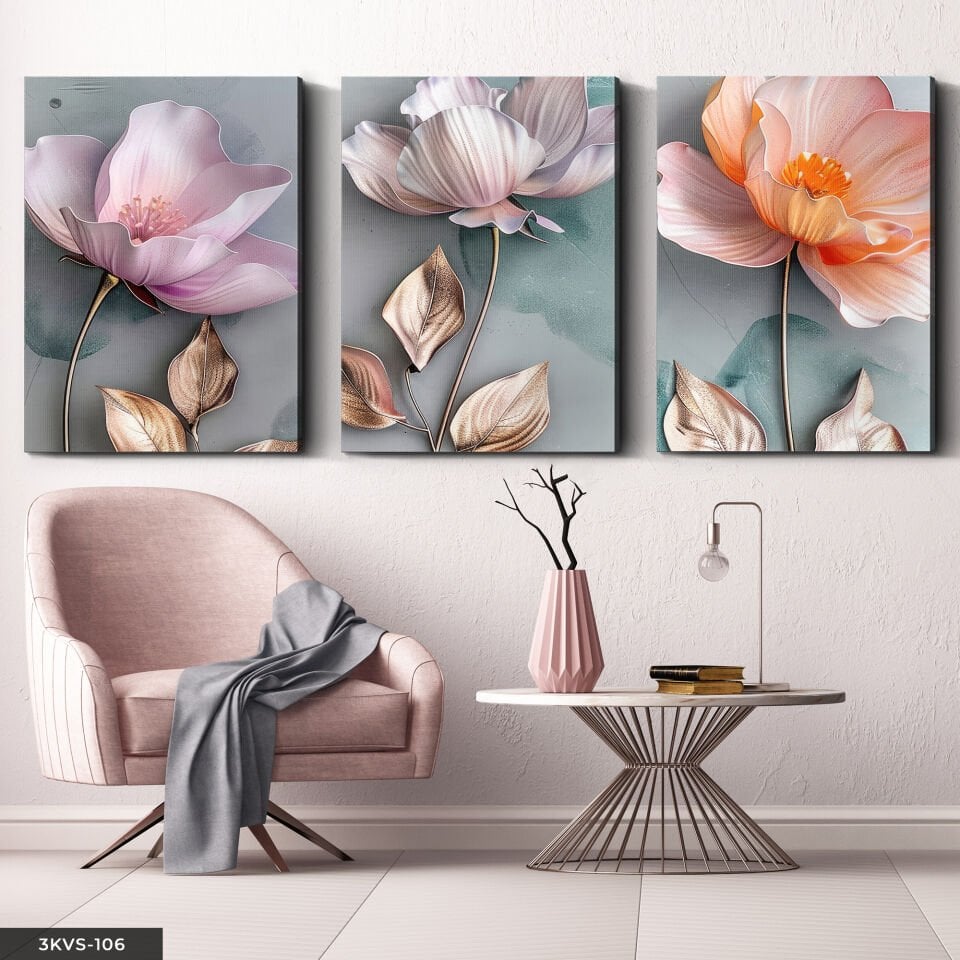 Gold Yapraklı Renkli Çiçekler 3 Parça Kanvas - Canvas Tablo 40 x 30 CM