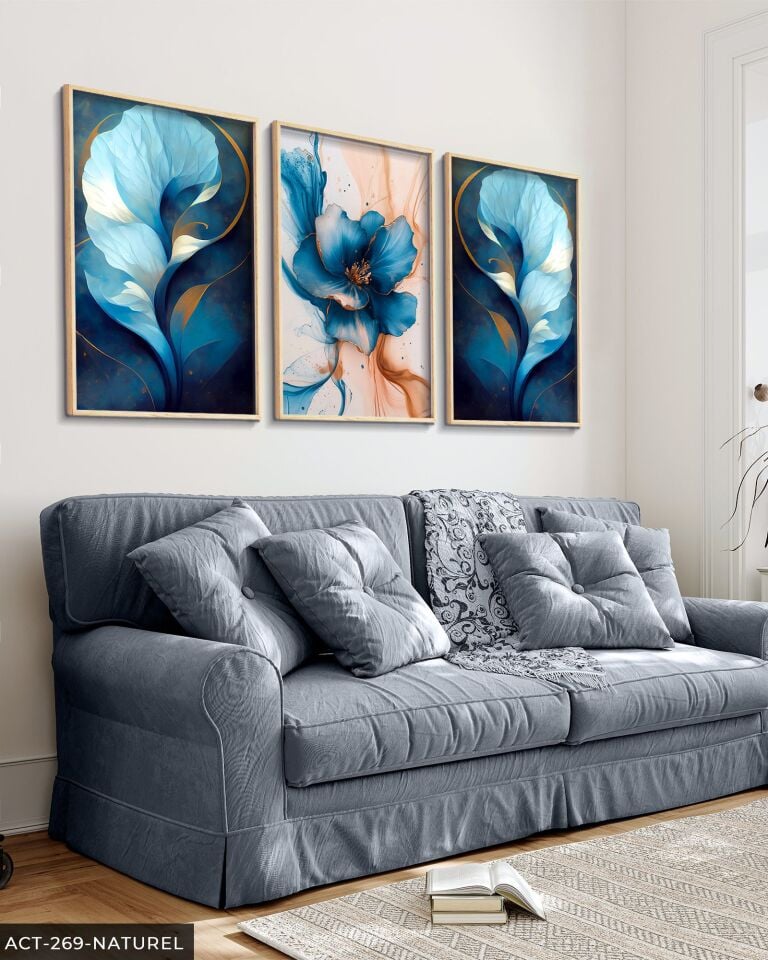 Mavi Soyut Sanat ve Çiçek 3 Parça Ahşap Çerçeveli Tablo ACT Naturel - 20 x 30 CM
