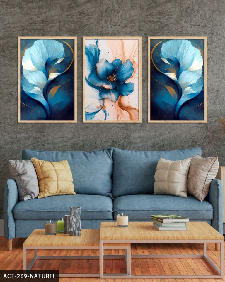 Mavi Soyut Sanat ve Çiçek 3 Parça Ahşap Çerçeveli Tablo ACT Naturel - 20 x 30 CM