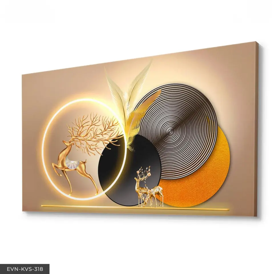 Gold Geyik Yuvarlak Desenler Tek Parça Işıksız Kanvas - Canvas Tablo | WEB'E ÖZEL FİYAT
