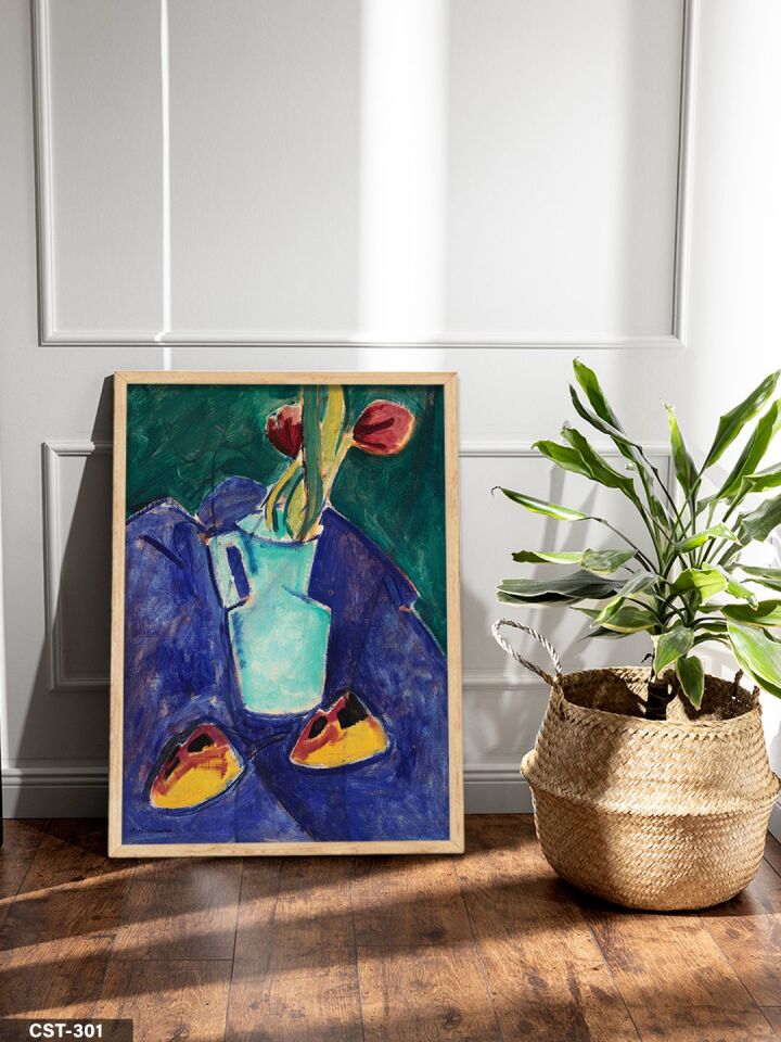 Ernst Ludwing Kirchner Çiçekler ve Tabak Tek Parça Ahşap Çerçeveli Tablo Naturel - 50 x 70 CM