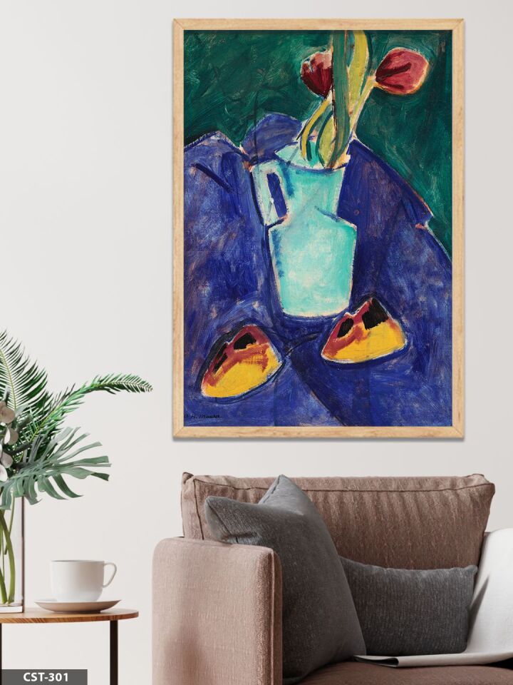 Ernst Ludwing Kirchner Çiçekler ve Tabak Tek Parça Ahşap Çerçeveli Tablo Naturel - 50 x 70 CM