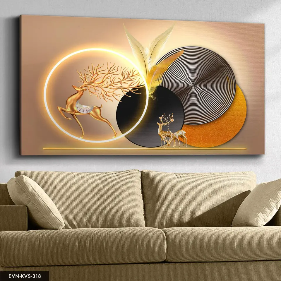 Gold Geyik Yuvarlak Desenler Tek Parça Işıksız Kanvas - Canvas Tablo | WEB'E ÖZEL FİYAT