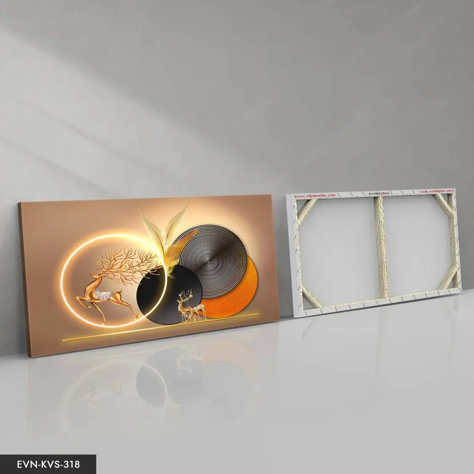 Gold Geyik Yuvarlak Desenler Tek Parça Işıksız Kanvas - Canvas Tablo | WEB'E ÖZEL FİYAT