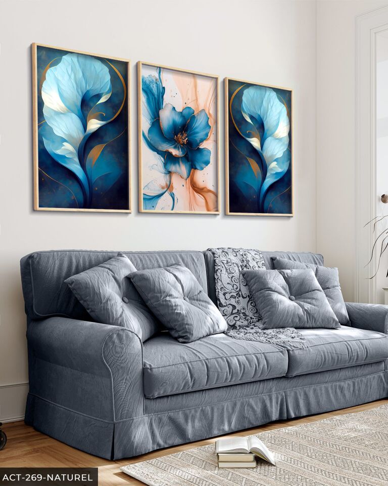 Mavi Soyut Sanat ve Çiçek 3 Parça Ahşap Çerçeveli Tablo ACT Naturel - 30 x 40 CM