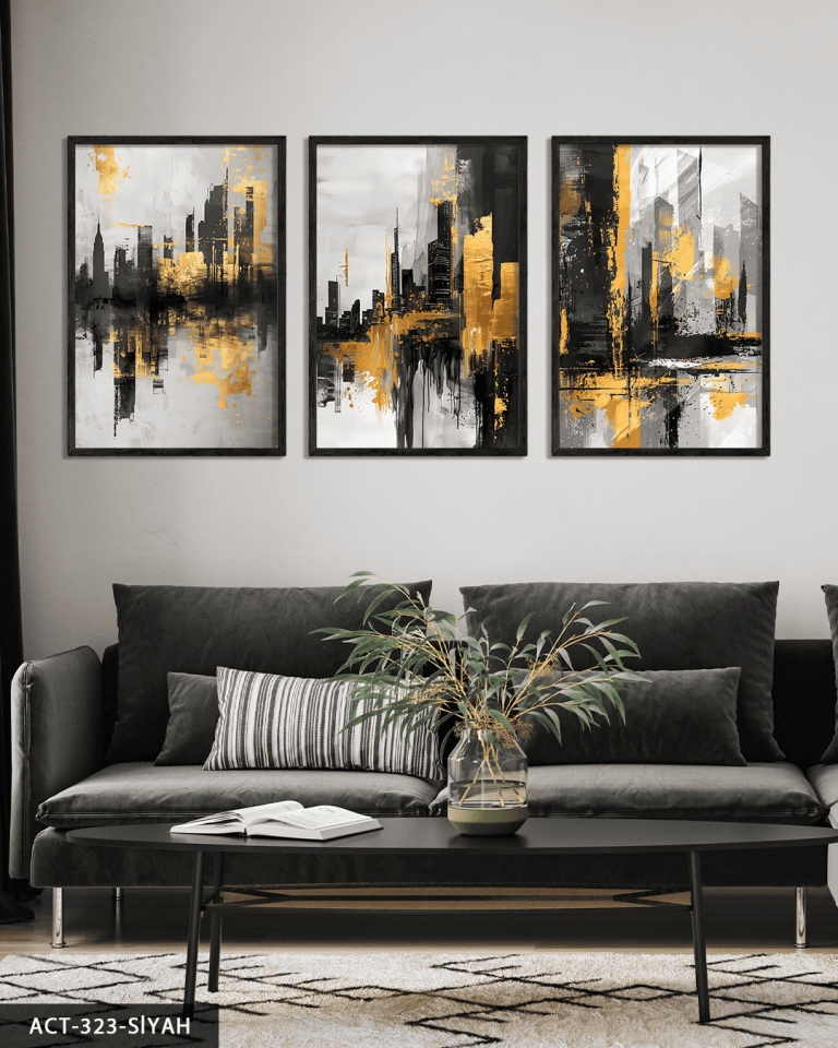 Gold Siyah Soyut Desenler 3 Parça Ahşap Çerçeveli Tablo ACT