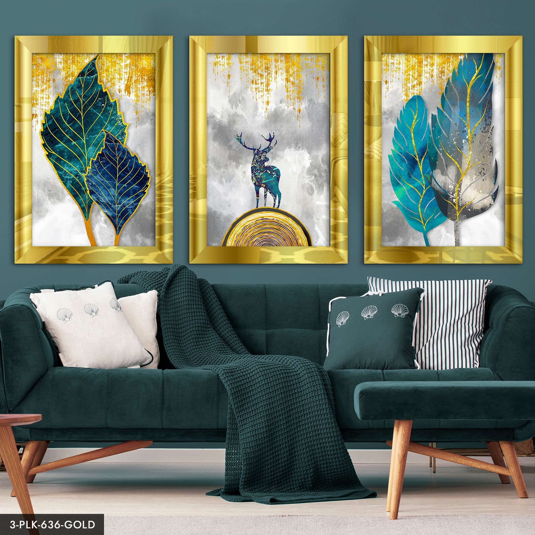 Mavi Yeşil Yapraklar ve Çiçek 3 Parça Pleksi Aynalı Tablo 40 x 60 CM - Gold