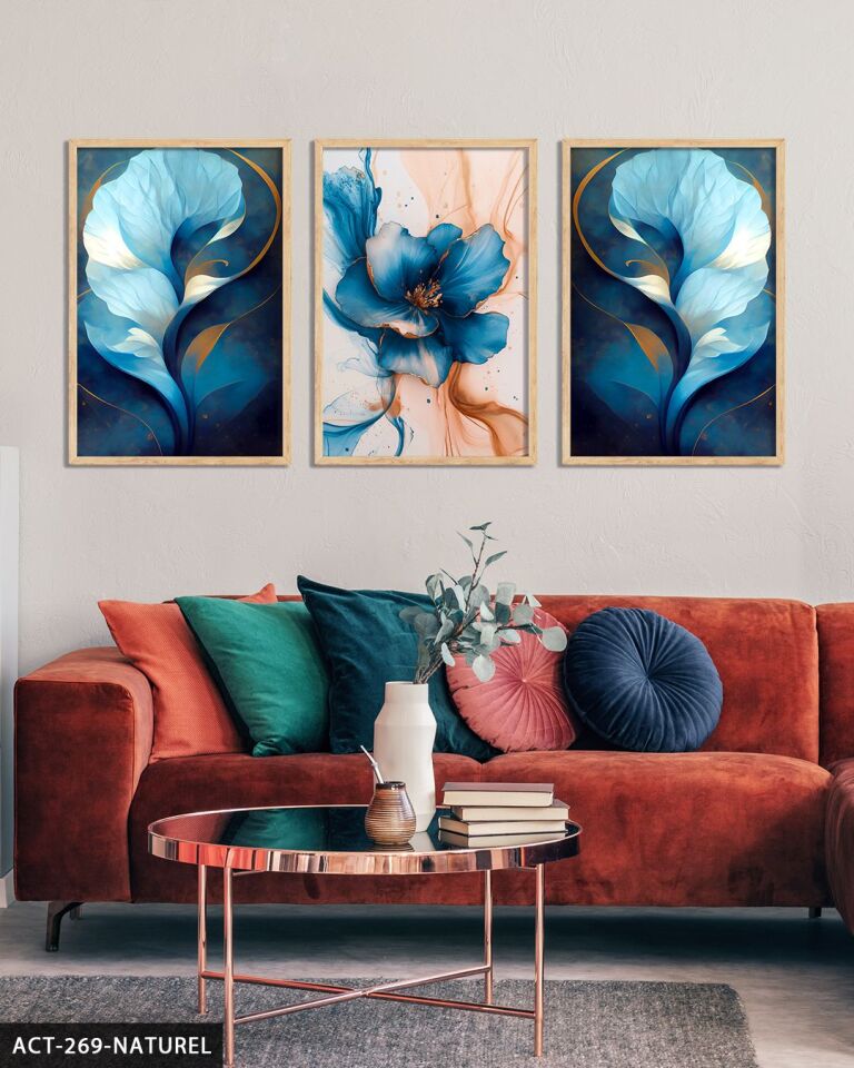 Mavi Soyut Sanat ve Çiçek 3 Parça Ahşap Çerçeveli Tablo ACT Naturel - 40 x 60 CM
