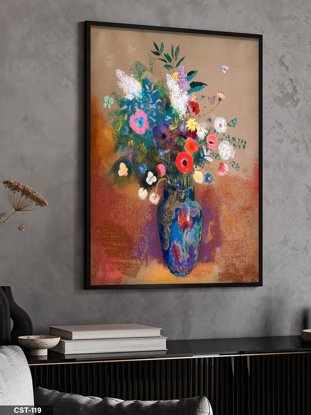 Mavi Vazo Çiçek Desen Tek Parça Ahşap Çerçeveli Tablo Siyah - 30 x 40 CM