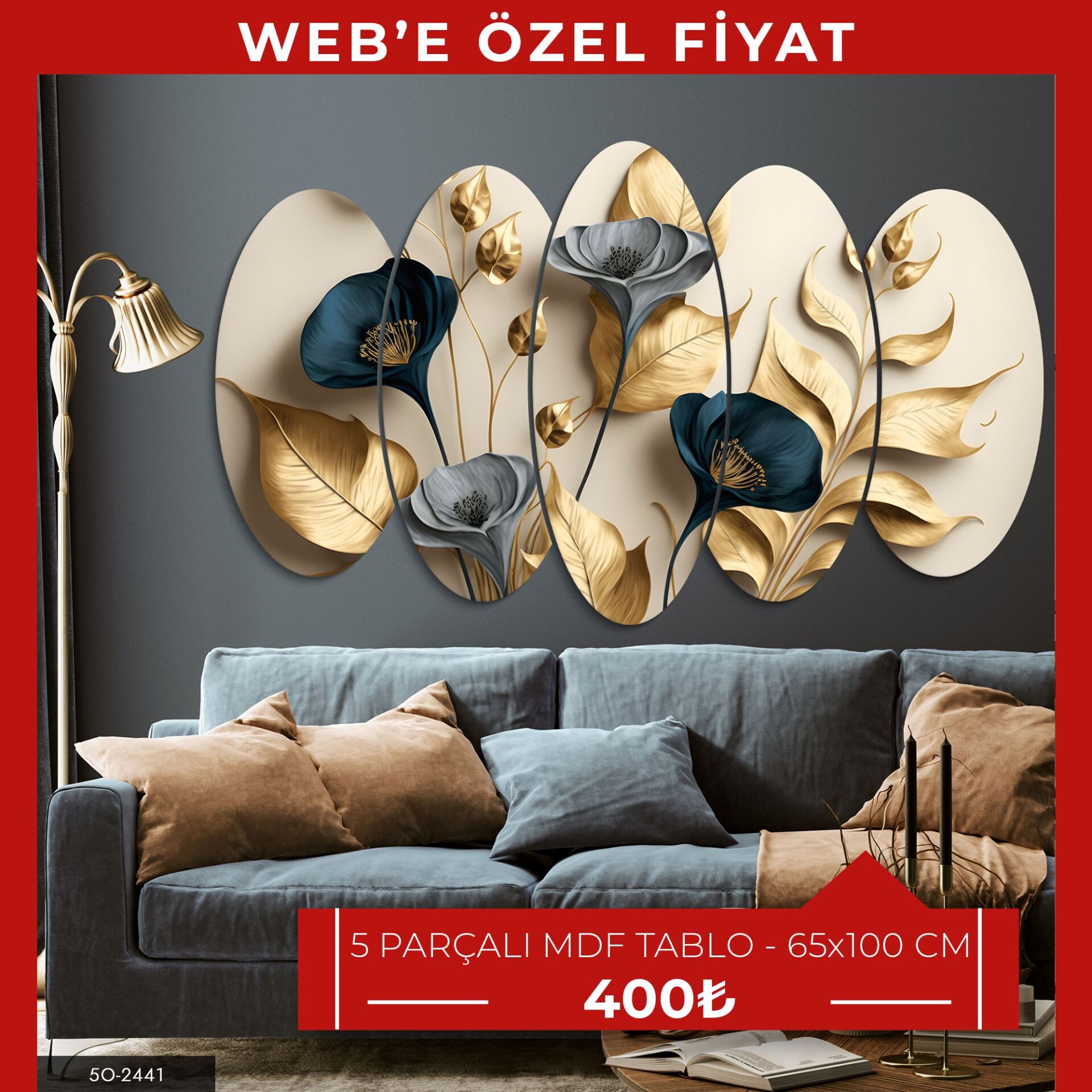 Zarif Altın Ve Mavi Çiçekler Ile Dallar 5 Parçalı Mdf Tablo | WEB'E ÖZEL FİYAT