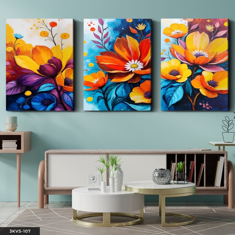 Canlı Renkli Çiçekler 3 Parça Kanvas - Canvas Tablo 40 x 30 CM
