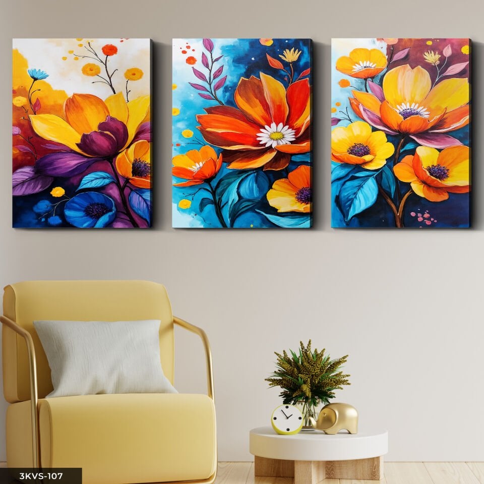 Canlı Renkli Çiçekler 3 Parça Kanvas - Canvas Tablo 40 x 30 CM