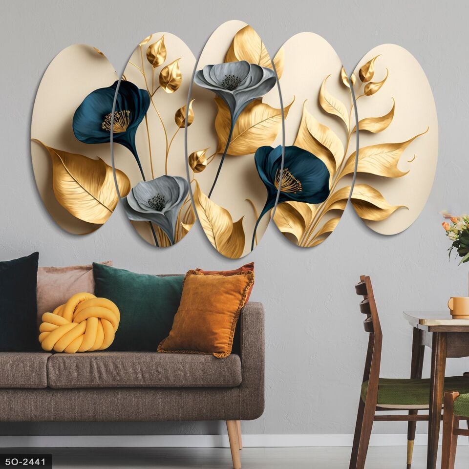 Zarif Altın Ve Mavi Çiçekler Ile Dallar 5 Parçalı Mdf Tablo | WEB'E ÖZEL FİYAT
