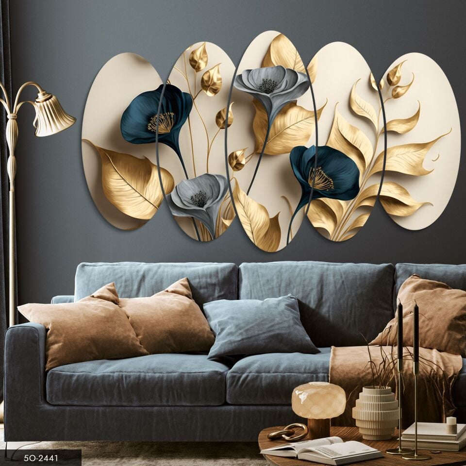 Zarif Altın Ve Mavi Çiçekler Ile Dallar 5 Parçalı Mdf Tablo | WEB'E ÖZEL FİYAT