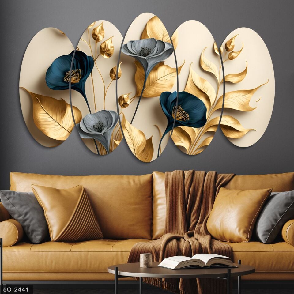 Zarif Altın Ve Mavi Çiçekler Ile Dallar 5 Parçalı Mdf Tablo | WEB'E ÖZEL FİYAT