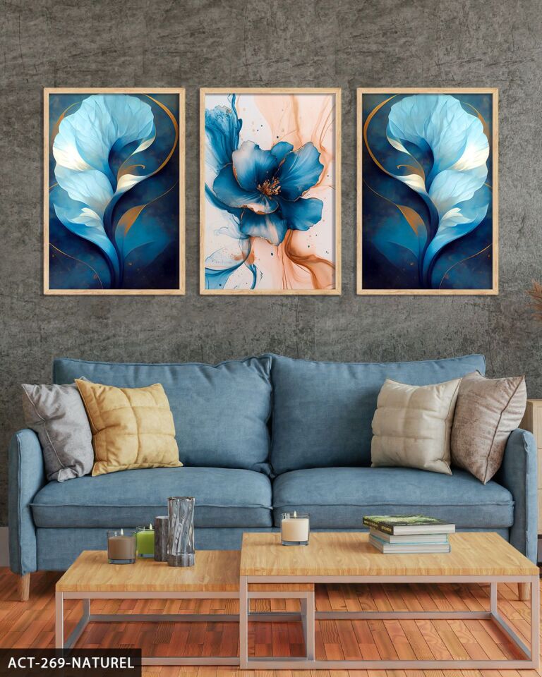 Mavi Soyut Sanat ve Çiçek 3 Parça Ahşap Çerçeveli Tablo ACT Naturel - 50 x 70 CM