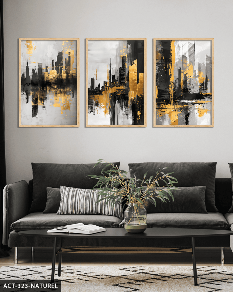 Gold Siyah Soyut Desenler 3 Parça Ahşap Çerçeveli Tablo ACT Naturel - 40 x 60 CM
