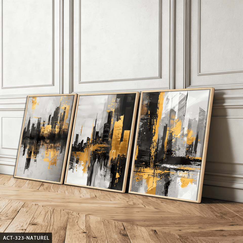 Gold Siyah Soyut Desenler 3 Parça Ahşap Çerçeveli Tablo ACT Naturel - 40 x 60 CM