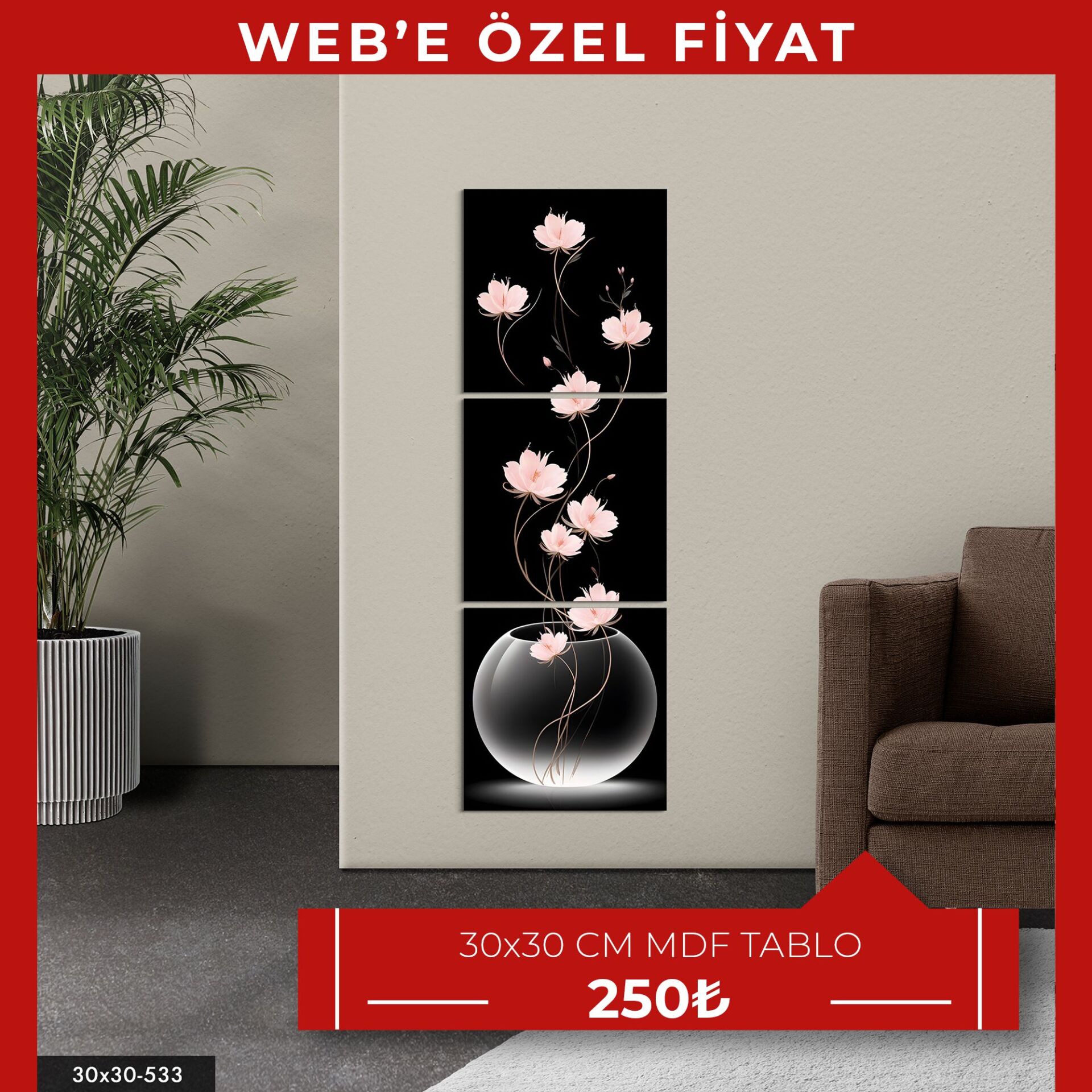 Uzun Saplı Pembe Lotus Çiçekleri 3 Parça Mdf Tablo | WEB'E ÖZEL FİYAT