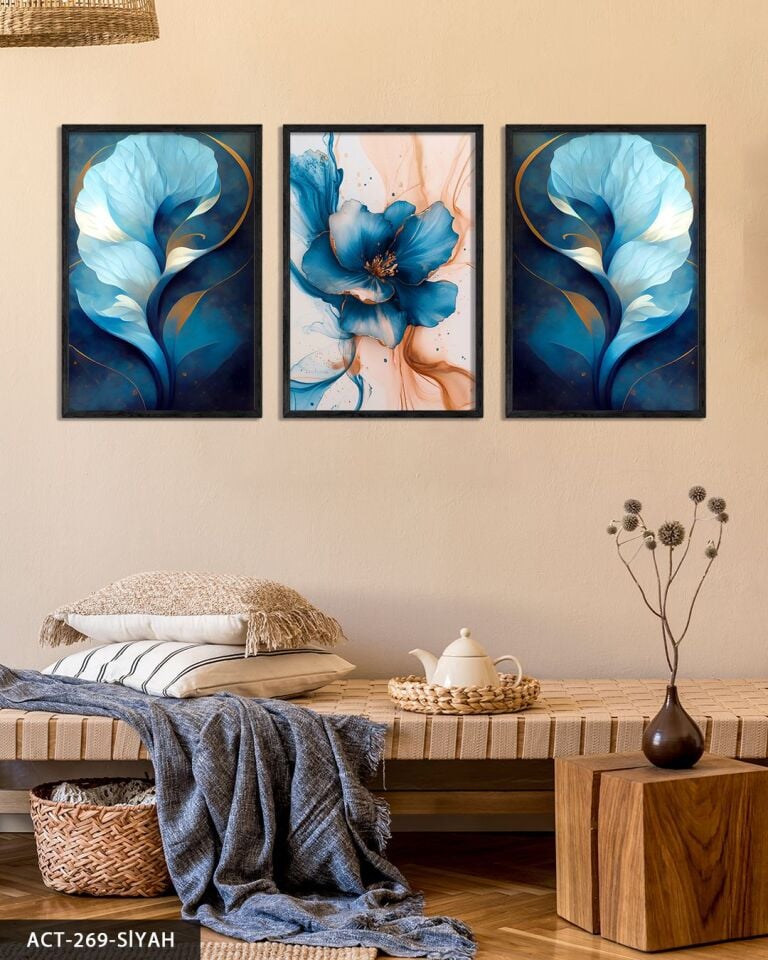 Mavi Soyut Sanat ve Çiçek 3 Parça Ahşap Çerçeveli Tablo ACT Siyah - 20 x 30 CM