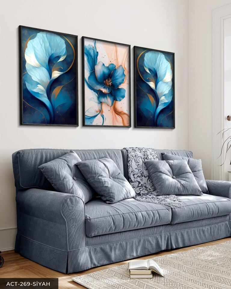 Mavi Soyut Sanat ve Çiçek 3 Parça Ahşap Çerçeveli Tablo ACT Siyah - 20 x 30 CM