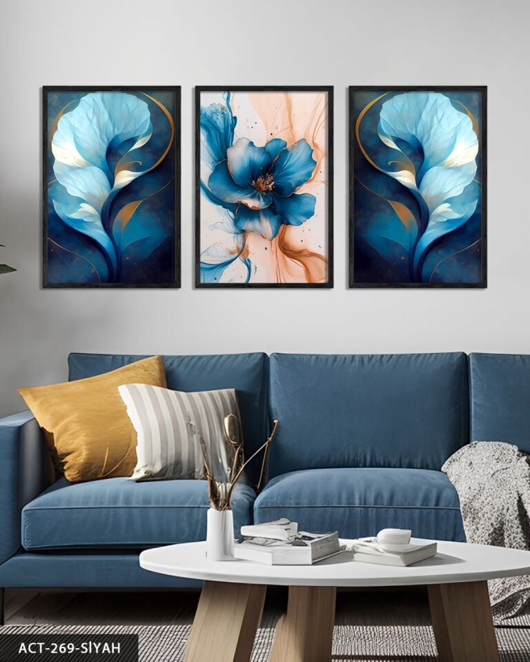 Mavi Soyut Sanat ve Çiçek 3 Parça Ahşap Çerçeveli Tablo ACT Siyah - 20 x 30 CM