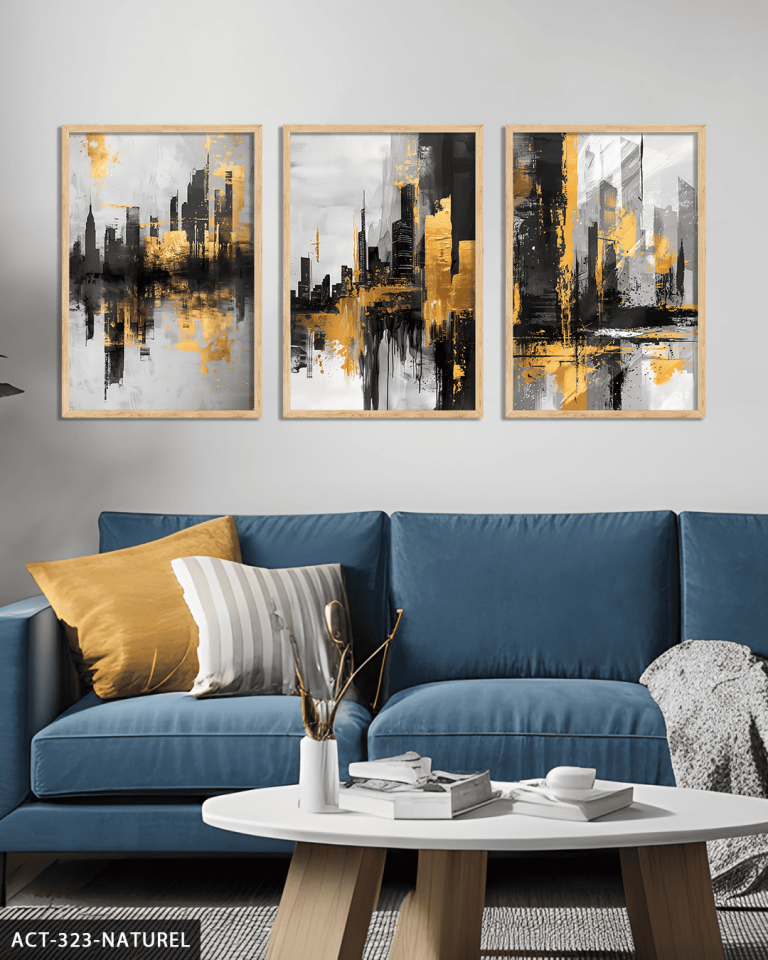 Gold Siyah Soyut Desenler 3 Parça Ahşap Çerçeveli Tablo ACT Naturel - 50 x 70 CM