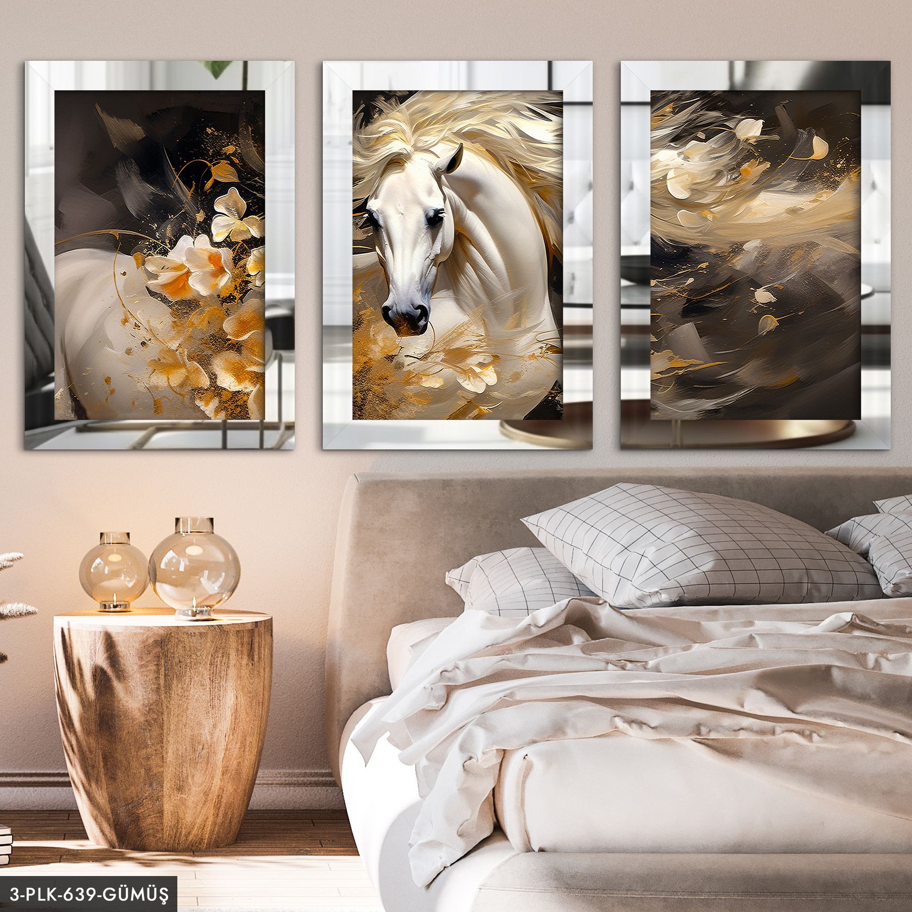Beyaz At 3 Parça Pleksi Aynalı Tablo 40 x 60 CM - Gümüş