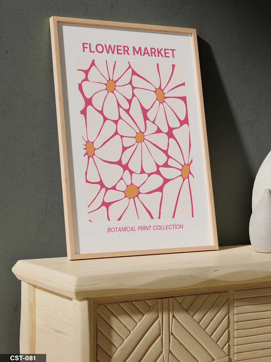 Pembe Çiçek illüstrasyon Tek Parça Ahşap Çerçeveli Tablo Naturel - 20 x 30 CM