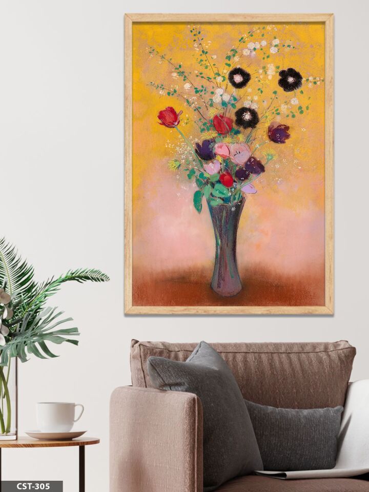 Vazoda Çiçek Buketi Tek Parça Ahşap Çerçeveli Tablo Naturel - 50 x 70 CM