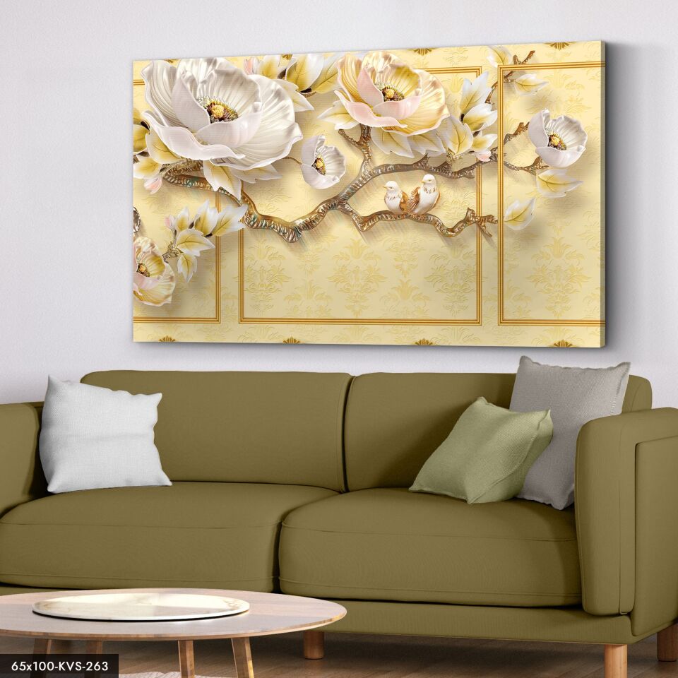 Gold Çiçekler Kanvas - Canvas Tablo 40 x 30 CM - Çok Renkli