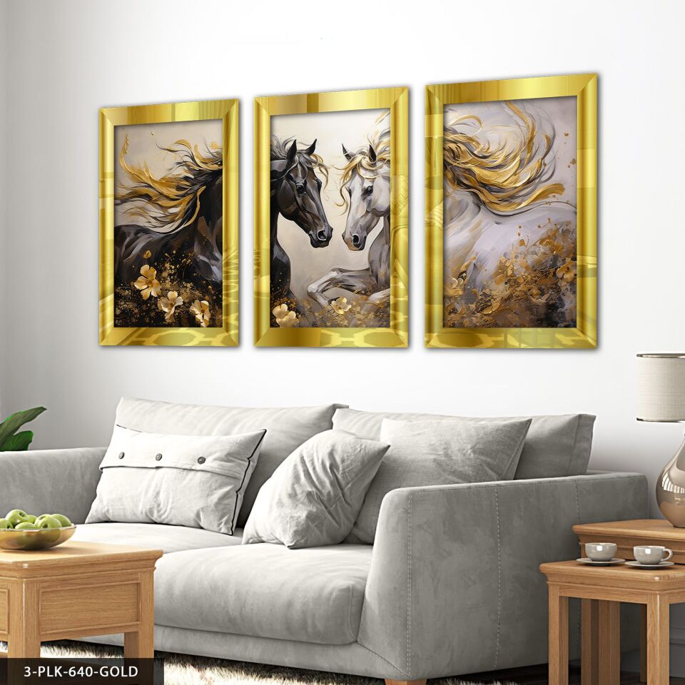 Asil Atlar 3 Parça Pleksi Aynalı Tablo 40 x 60 CM - Gold