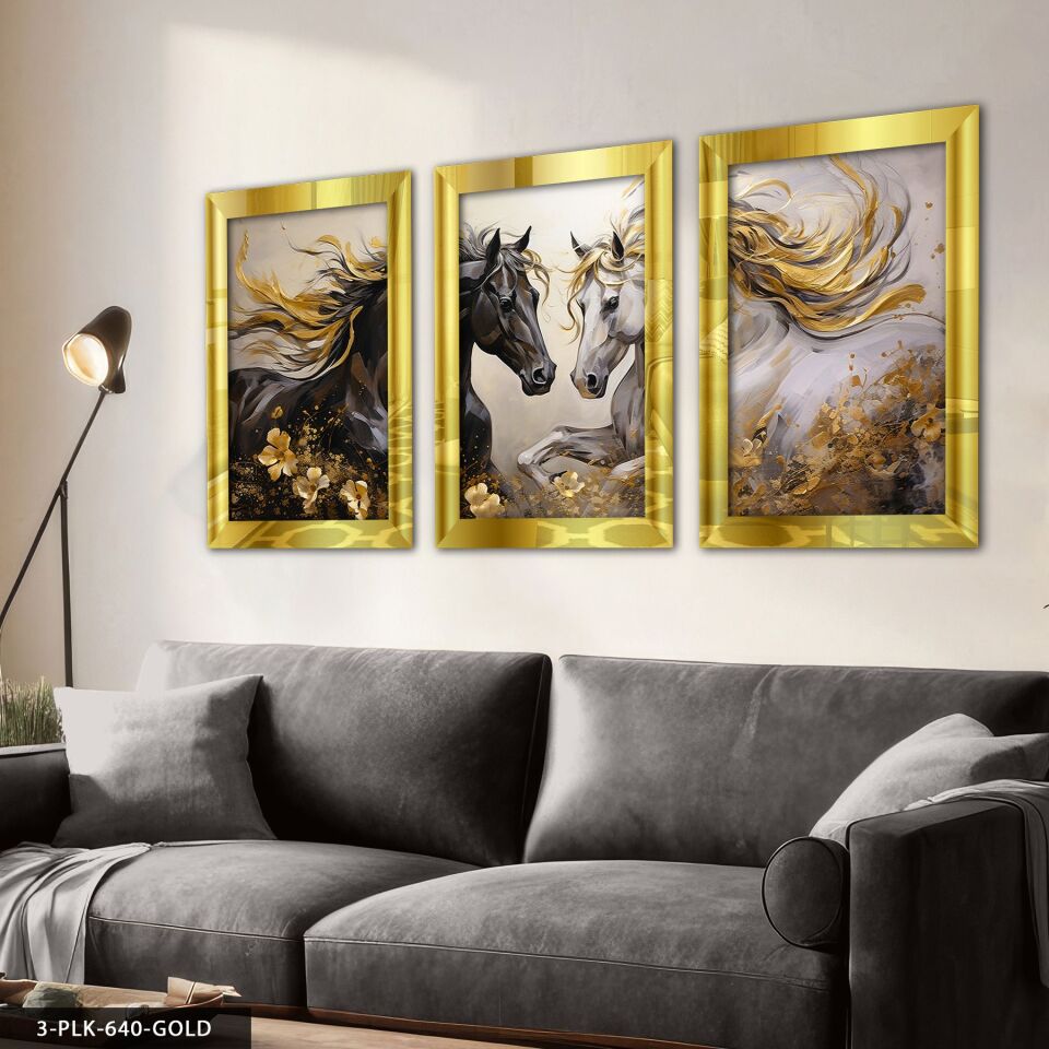 Asil Atlar 3 Parça Pleksi Aynalı Tablo 40 x 60 CM - Gold