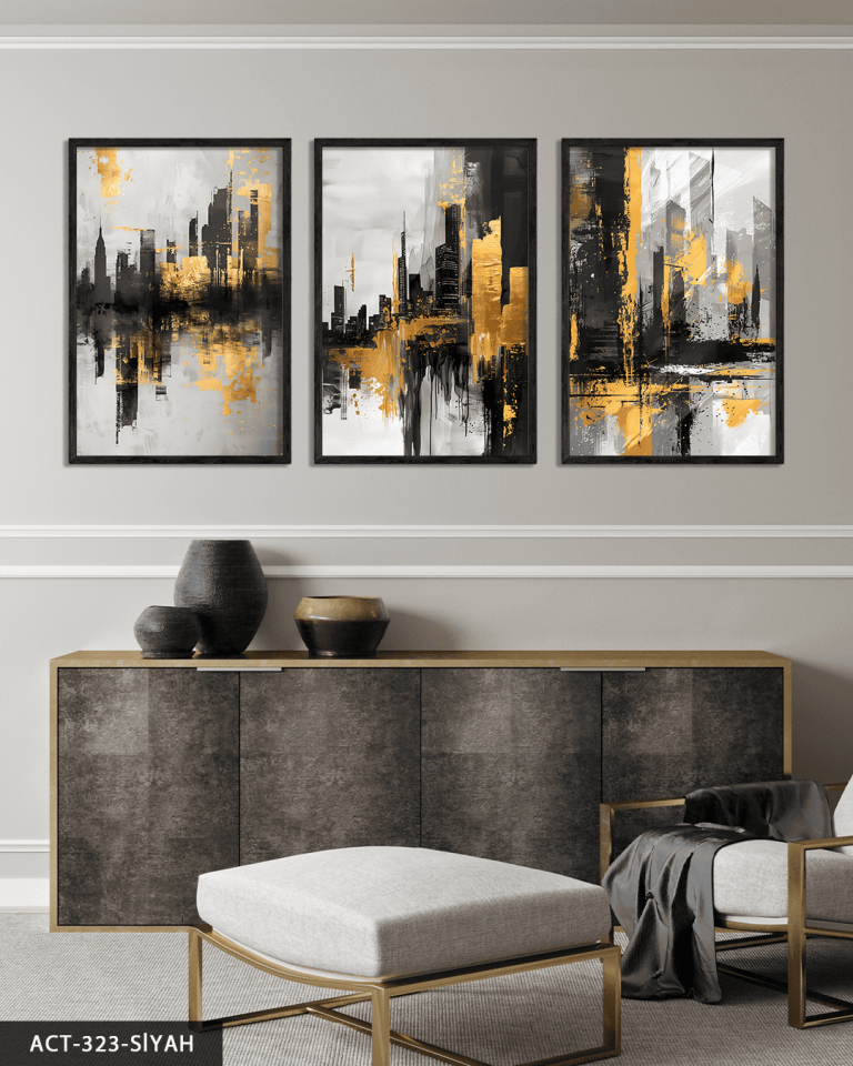 Gold Siyah Soyut Desenler 3 Parça Ahşap Çerçeveli Tablo ACT Siyah - 30 x 40 CM